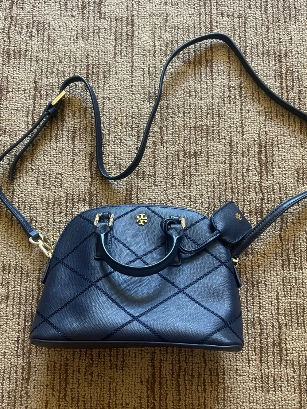 Tory Burch Robinson Stitched Mini Dome Satchel in Navy Blue